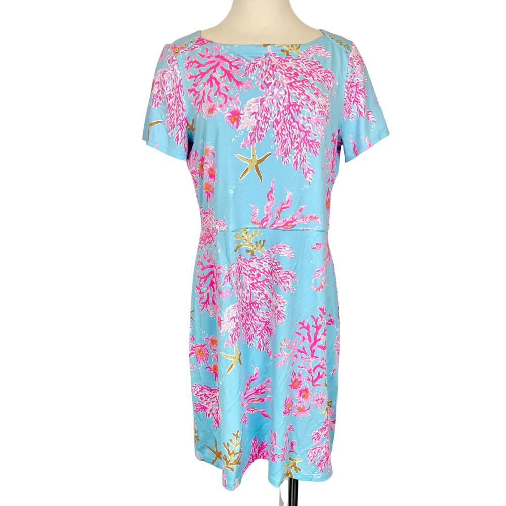 Lilly Pulitzer Bray Mini Dress Short Sleeve in L Royal Coral Starfish UPF 50+